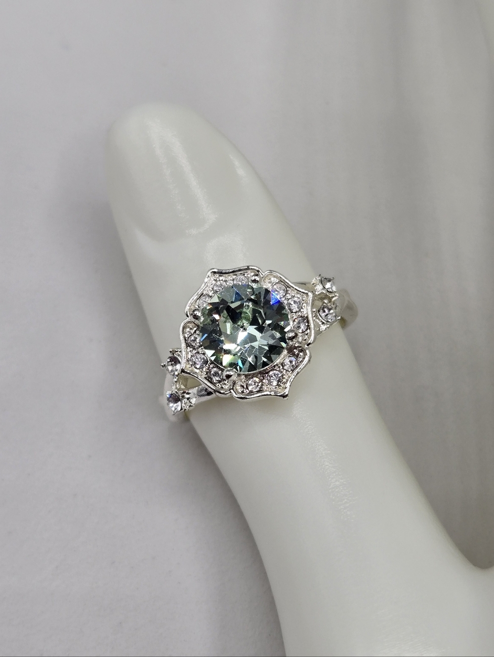 Swarovski Silver Ring with Teal Center Crystal and Clear Halo
